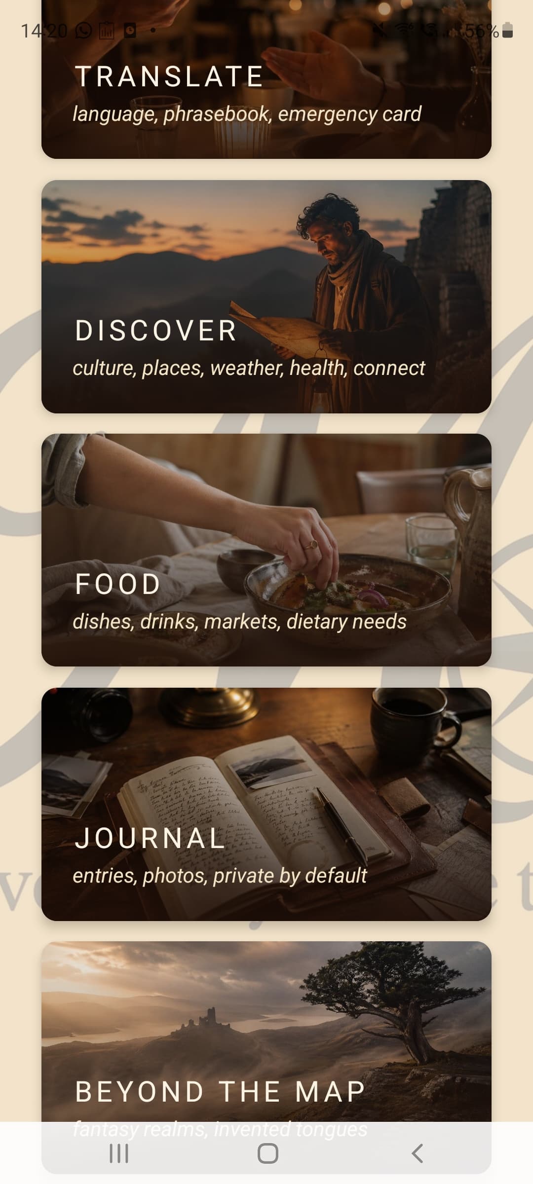 Marno main grid: Translate, Discover, Food, Journal, Beyond the Map