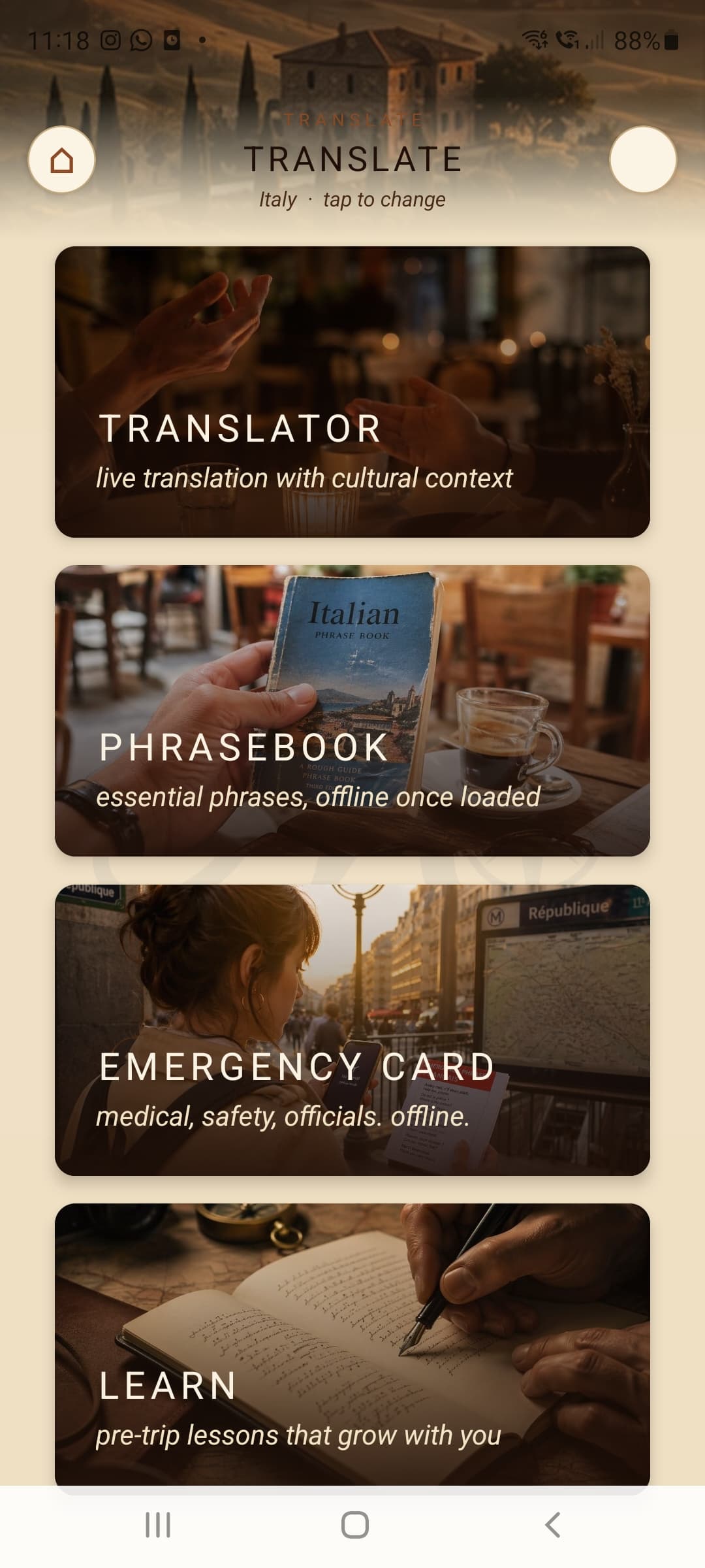 Translate: Translator, Phrasebook, Emergency Card, Learn